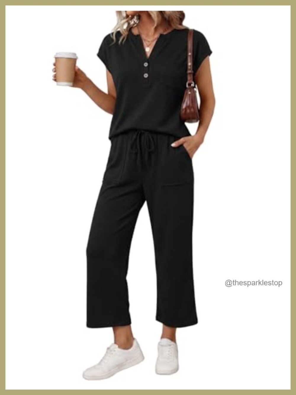 Women 2 Piece Lounge Set Henley Cap Sleeve Top Wide Leg Crop Pants Matching Set